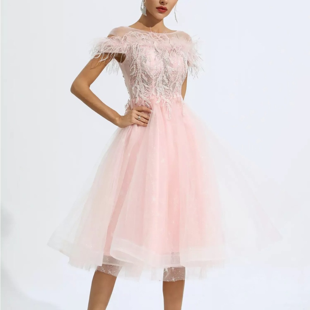 Chic Pink Feathered Midi Dress